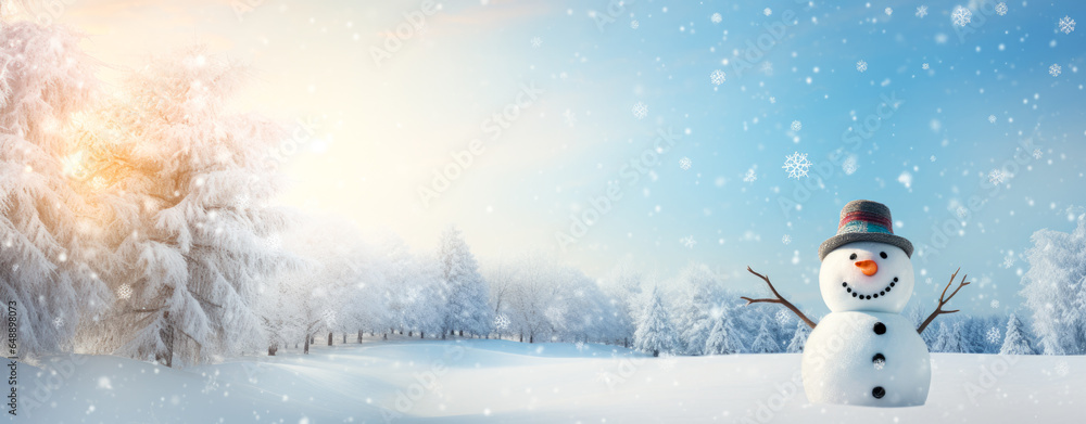 Snowman in winter forest at sunset. Panoramic banner.