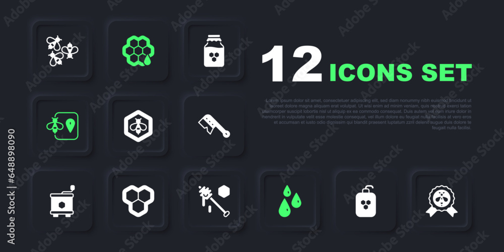 Set Cosmetic tube with honey, Best bee, Bee and honeycomb, Drops of, location, Honeycomb, and dipper stick icon. Vector Set Cosmetic tube with honey, Best bee, Bee and honeycomb, Drops of, location, Honeycomb, and dipper stick icon. Vector