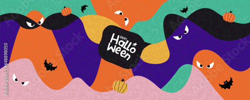Cute concept of Happy Halloween website banner or cover. Abstract art design with monsters, ghost, bat, pumpkin geometric and liquid shapes. Template for celebration, ads, branding, label, poster