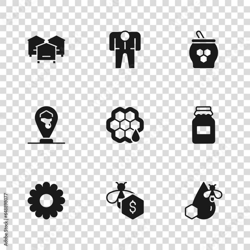 Set Sale of bees, Jar honey, Bee and honeycomb, Honeycomb, dipper stick, Hive for, Beekeeper costume and location icon. Vector