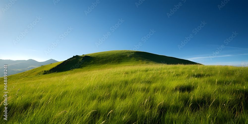 grassy hill with a clear blue sky and distant mountains four generative AI