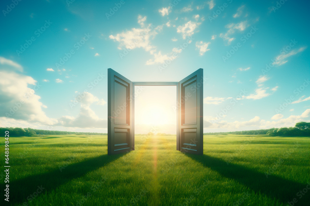 Concept of putting gates to the field, bright sky with sunshine and green meadow - obrazy, fototapety, plakaty 