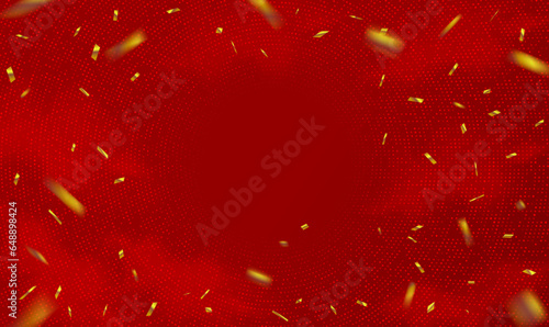 Abstract Red Party Holiday Background with Confetti. Luxury greeting rich card. Festive premium for holiday, Christmas party, birthday, new year celebration. Falling gold confetti. Vector EPS10.