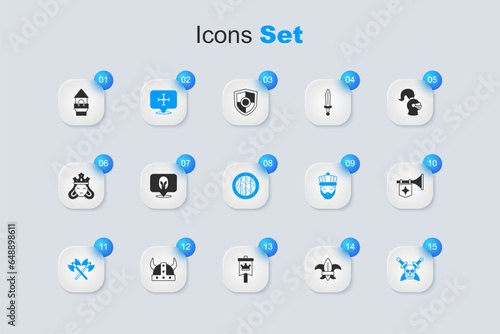 Set Fleur de lys or lily flower, Medieval helmet, Crusade, Crossed medieval axes, Skull with sword, Trumpet flag, Castle tower and Round wooden shield icon. Vector