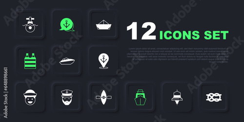 Set Ship bell, Nautical rope knots, Speedboat, Yacht sailboat, Striped sailor t-shirt, Captain of ship, Anchor and Kayak and paddle icon. Vector