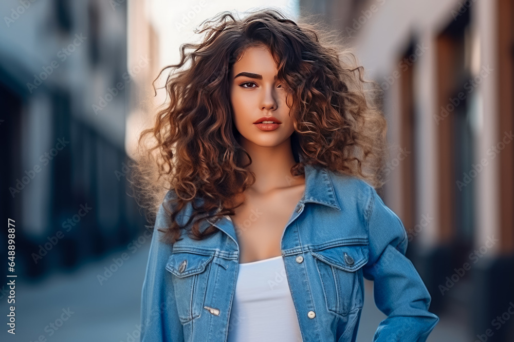 Beautiful girl with curly hair in a denim jacket walks in the city ...