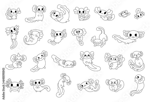 Cute cartoon axolotl character. Coloring Page. Funny underwater aquatic animal. Happy and cheerful emotions. Vector drawing. Collection of design elements.