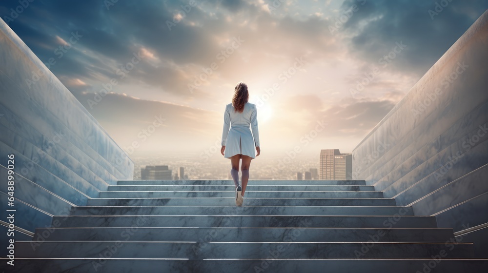Ambitious and confident businesswoman in suit climbing the stairs to success, leader concept, Generative AI