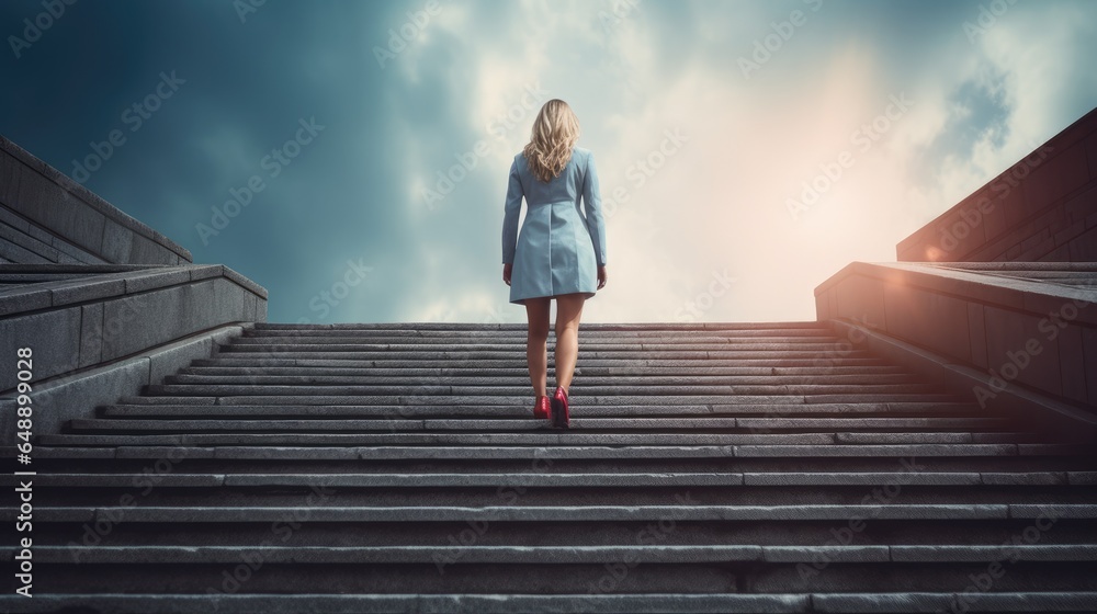 Ambitious and confident businesswoman in suit climbing the stairs to success, leader concept, Generative AI