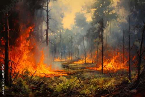 Forest fire, burning trees and grass in the foreground