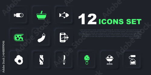 Set Ice cream in the bowl, Tea bag, Eggplant, Fly agaric mushroom, Cheese, Candy, Mortar pestle and Knife icon. Vector