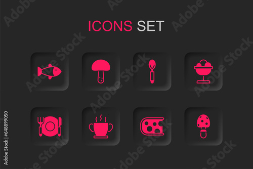 Set Bowl of hot soup, Mushroom, Fish, Cheese, Ice cream in the bowl, Fly agaric mushroom, Spoon and Plate, fork and knife icon. Vector