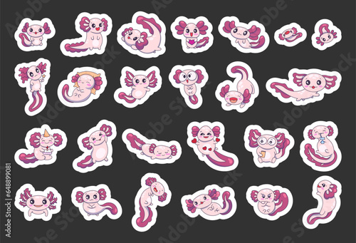 Cute cartoon axolotl character. Sticker Bookmark. Funny underwater aquatic animal. Happy and cheerful emotions. Vector drawing. Collection of design elements.