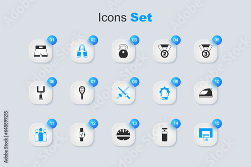 Set Punching bag, Tennis racket, Sport expander, Bowling pin, Basketball backboard, Racing helmet, Boxing short and Fencing icon. Vector