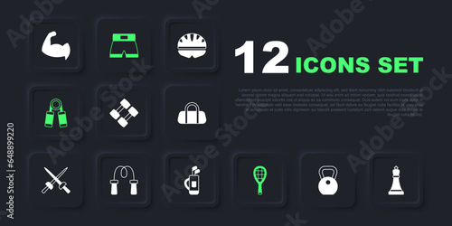 Set Weight, Chess, Dumbbell, Tennis racket, Sport expander, Jump rope, Boxing short and Golf bag with clubs icon. Vector