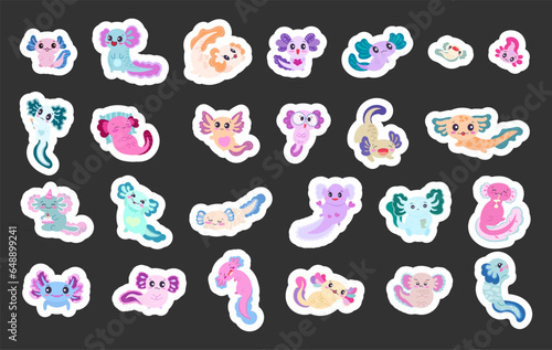 Cute cartoon axolotl character. Sticker Bookmark. Funny underwater aquatic animal. Happy and cheerful emotions. Vector drawing. Collection of design elements.