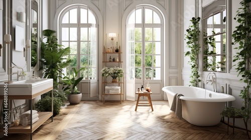 Cozy posh luxurious interior design of bathroom with white bathtub  wooden classic parquet floor  tall ceiling  french windows  white panel walls  parisian look  off-white textiles  many green plants