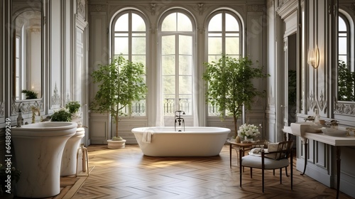 Cozy posh luxurious interior design of bathroom with white bathtub, wooden classic parquet floor, tall ceiling, french windows, white panel walls, parisian look, off-white textiles, many green plants
