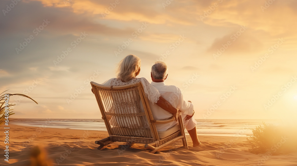  hug and senior couple on beach chair  for bonding - obrazy, fototapety, plakaty 