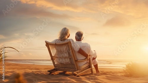  hug and senior couple on beach chair for bonding
