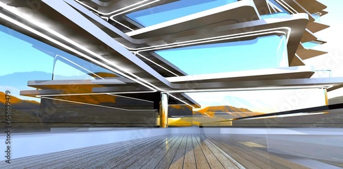 Architectural composition. Deck of the modern hotel. Much glass. Good picture for real estate journal. 3d rendering.