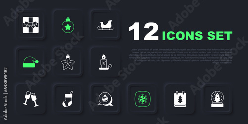 Set Christmas day calendar, snow globe, star, Snowflake, Santa Claus hat, stocking, ball and icon. Vector