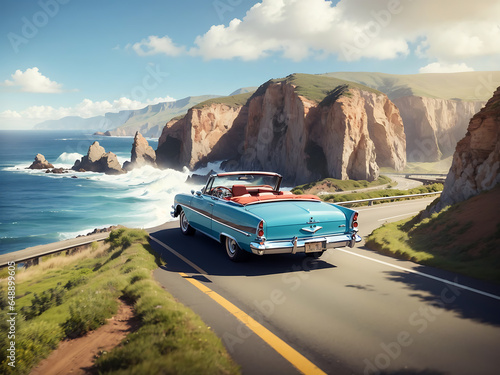 an epic road trip, featuring a vintage convertible cruising along a scenic coastal highway, with cliffs and crashing waves in the background
