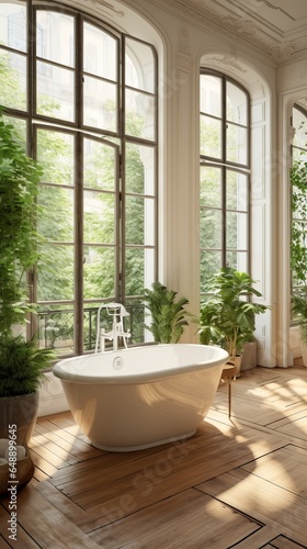 Cozy posh luxurious interior design of bathroom with white bathtub  wooden classic parquet floor  tall ceiling  french windows  white panel walls  parisian look  off-white textiles  many green plants