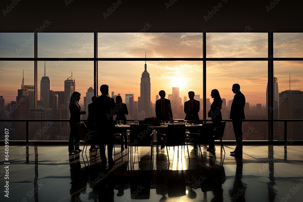 Business people meeting in modern office building conference room during sunset. Process of a business negotiayions. Shadow business.