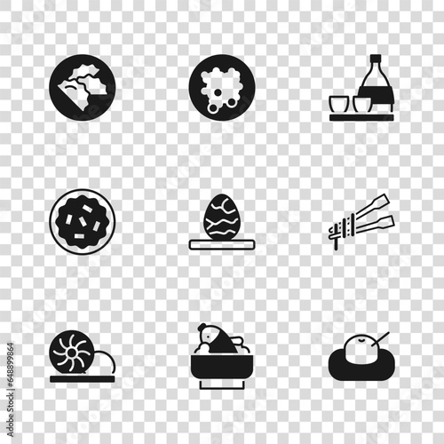 Set Rice with fish in a bowl, Food chopsticks noodles, Mochi, Chinese tea egg, Bottle of sake, Dumpling, and Homemade pie icon. Vector