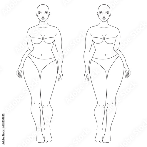 Plus size female fashion figure posing, vector template. Curvy woman body vector line illustration. Curvy fashion model croqui.