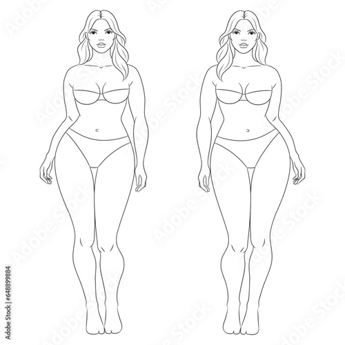 Plus size female fashion figure posing, vector template. Curvy woman body vector line illustration. Curvy fashion model croqui.
