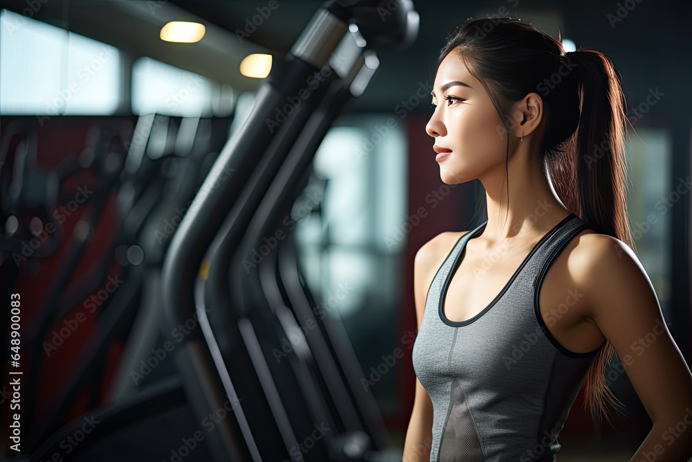 Young Asian athletic woman in gym. Beautiful young female athlete bodybuilder, resting after workout. Young Asian athletic woman in gym. Beautiful young female athlete bodybuilder, resting after workout.