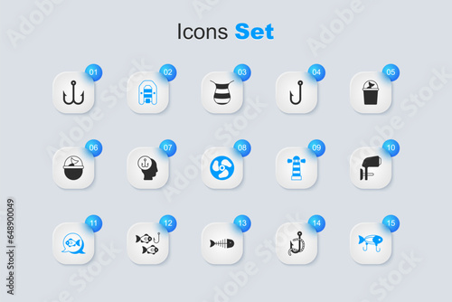 Set Fishing hook and worm, Fisherman, Inflatable boat with motor, lure, Outboard, and icon. Vector