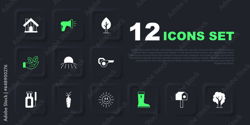 Set Bird house, Tree, Sunrise, Waterproof rubber boot, Leaf in hand, Carrot, Garden hose and icon. Vector Set Bird house, Tree, Sunrise, Waterproof rubber boot, Leaf in hand, Carrot, Garden hose and icon. Vector