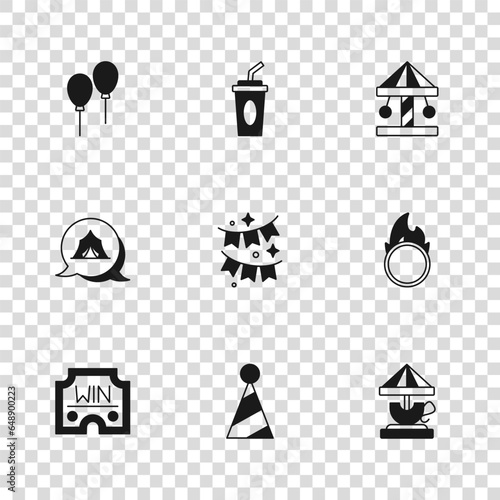 Set Party hat, Circus fire hoop, Attraction carousel, Carnival garland with flags, Balloons ribbon, Paper glass water and tent icon. Vector