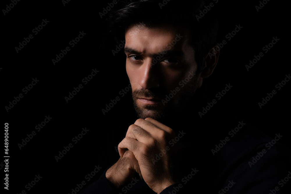 Confident Bearded man portrait Thinking stylish young man looking at camera with Black Background Bearded stylish businessman look confident Handsome thoughtful leader young guy thinking something 