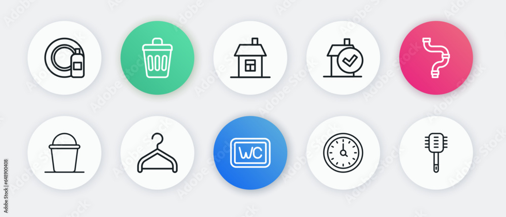 Set line Toilet, Industry metallic pipe, Bucket, Clock, Home cleaning service, House, brush and Hanger wardrobe icon. Vector Set line Toilet, Industry metallic pipe, Bucket, Clock, Home cleaning service, House, brush and Hanger wardrobe icon. Vector