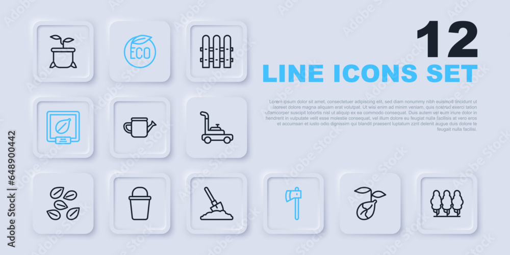 Set line Sprout, Fruit trees, Watering can, Wooden axe, Seeds of specific plant, Bucket, Eco healthy food and Shovel the ground icon. Vector Set line Sprout, Fruit trees, Watering can, Wooden axe, Seeds of specific plant, Bucket, Eco healthy food and Shovel the ground icon. Vector