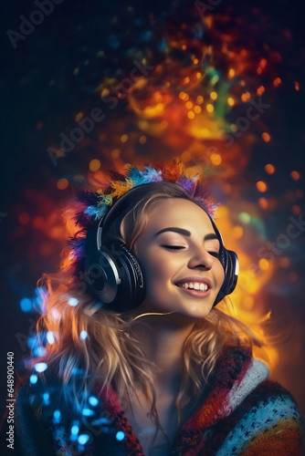 Smiling young girl listening to music with headphones on colorful cyber punk background with autumn, winter clothes © vanilla_jo