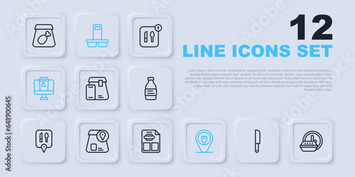 Set line Knife, Round the clock delivery, Online ordering food, Cafe and restaurant location, Coffee cup to go and Restaurant cafe menu icon. Vector