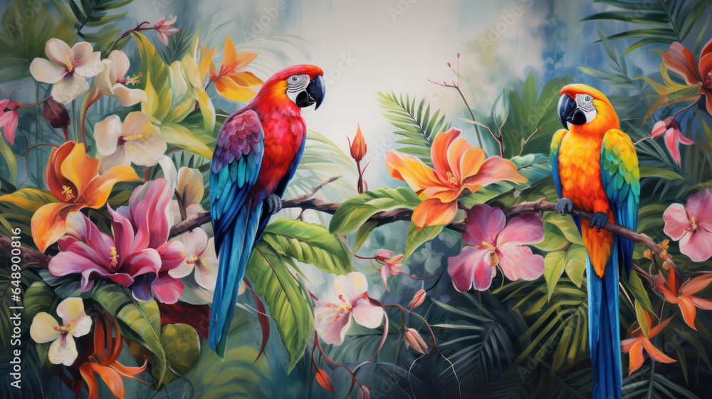 Fototapeta premium Parrot and Floral Beauty Colorful Bird and Exquisite Blooms Together.