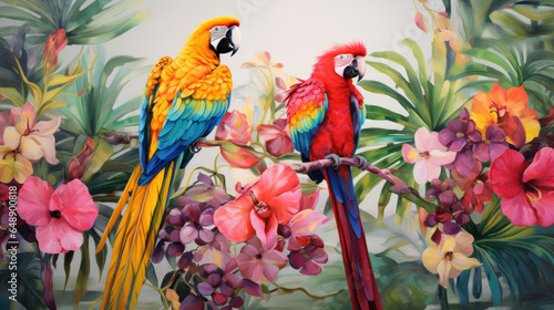 Parrot and Floral Beauty Colorful Bird and Exquisite Blooms Together.