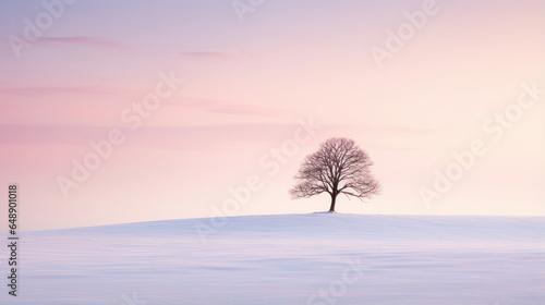 Serene minimalist winter scene featuring a solitary tree in nature. © STOCK-AI
