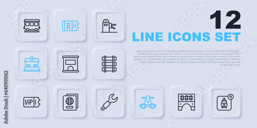 Set line Bridge for train, Online ticket booking, Ticket office to buy tickets, Handcar transportation, Railway station, Passport, Train and Wrench spanner icon. Vector