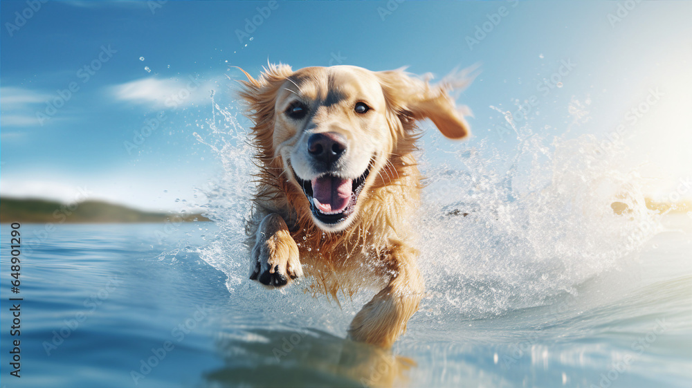 Happy dog in water, summer travel