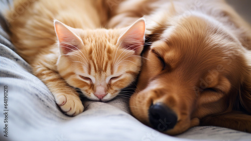 Dog and cat, cute pets sleeping together at home