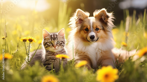 Dog and cat together, cute pets in summer or spring garden
