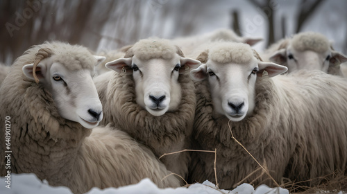 group of sheep huddled together for warmth generative AI
