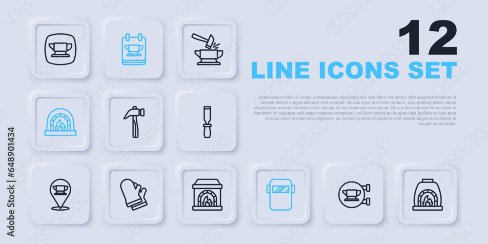 Set line Blacksmith anvil tool, oven, Hammer, Welding mask, Protective gloves, and icon. Vector Set line Blacksmith anvil tool, oven, Hammer, Welding mask, Protective gloves, and icon. Vector
